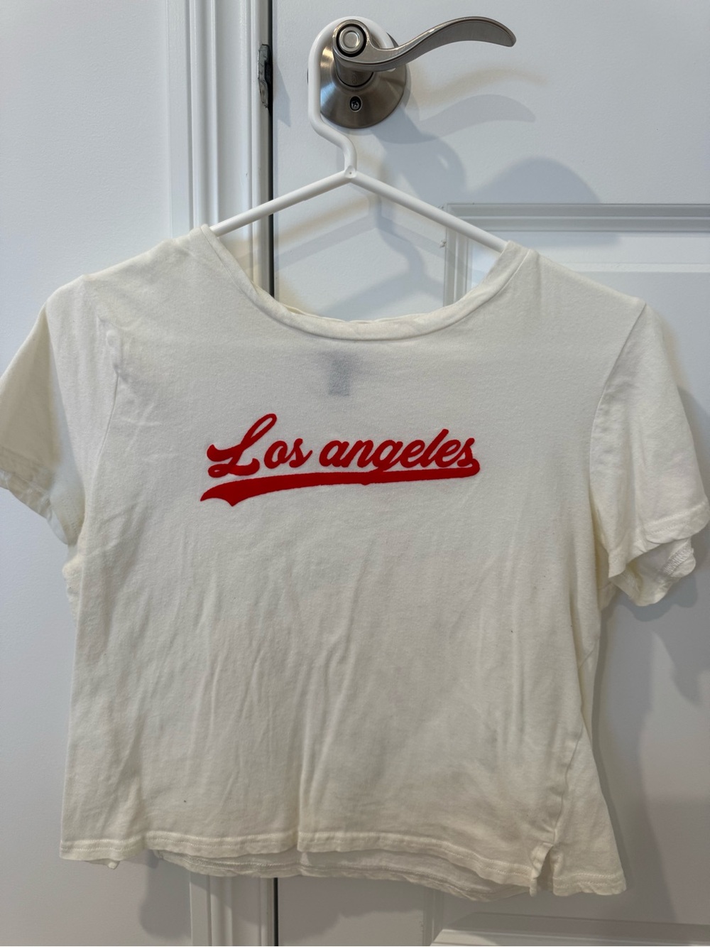 Aqua White Cropped Graphic Tee with Red "Los Angeles" Script - SIZE XS